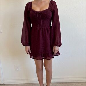 Hollister Burgundy Sheer Long Sleeve Romantic Mini Dress Size S